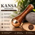A Kansa wooden massage tool with a polished bronze metal head, displayed on a wooden surface next to a gray stone. The image includes marketing text highlighting the benefits of Kansa massage, such as muscle relaxation, improved circulation, and skin tone enhancement.