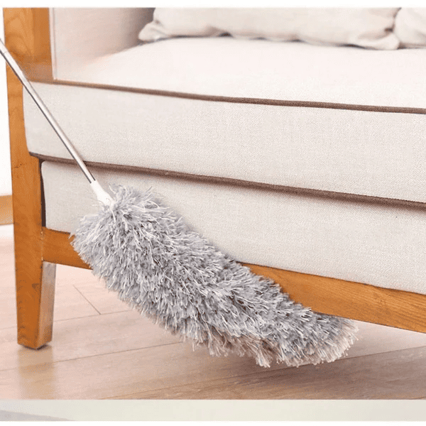 Extendable microfiber duster with 100-inch telescopic handle and bendable head for cleaning ceiling fans, blinds, furniture, and high surfaces.
