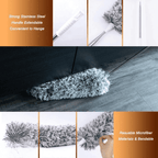 Microfiber duster with extendable handle on a wooden floor, highlighting features like strong stainless steel handle and reusable microfiber materials.