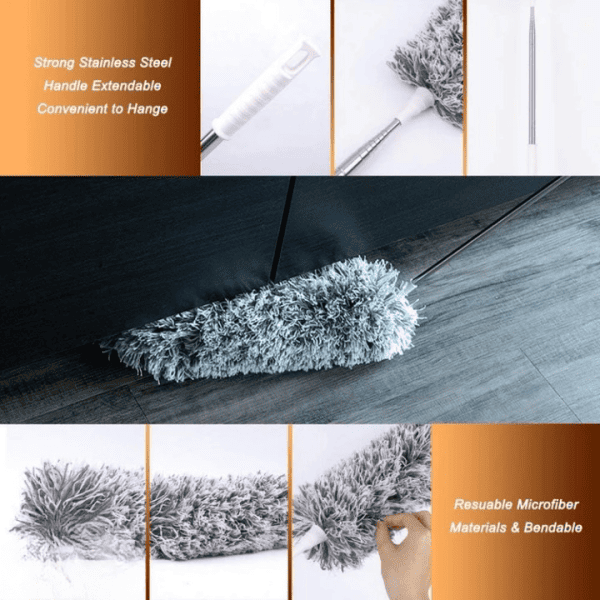 Microfiber duster with extendable handle on a wooden floor, highlighting features like strong stainless steel handle and reusable microfiber materials.