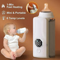 Baby bottle warmer with text highlighting features like fast heating, mini size, and temperature control.
