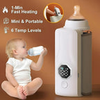 Baby bottle warmer with text highlighting features like fast heating, mini size, and temperature control.