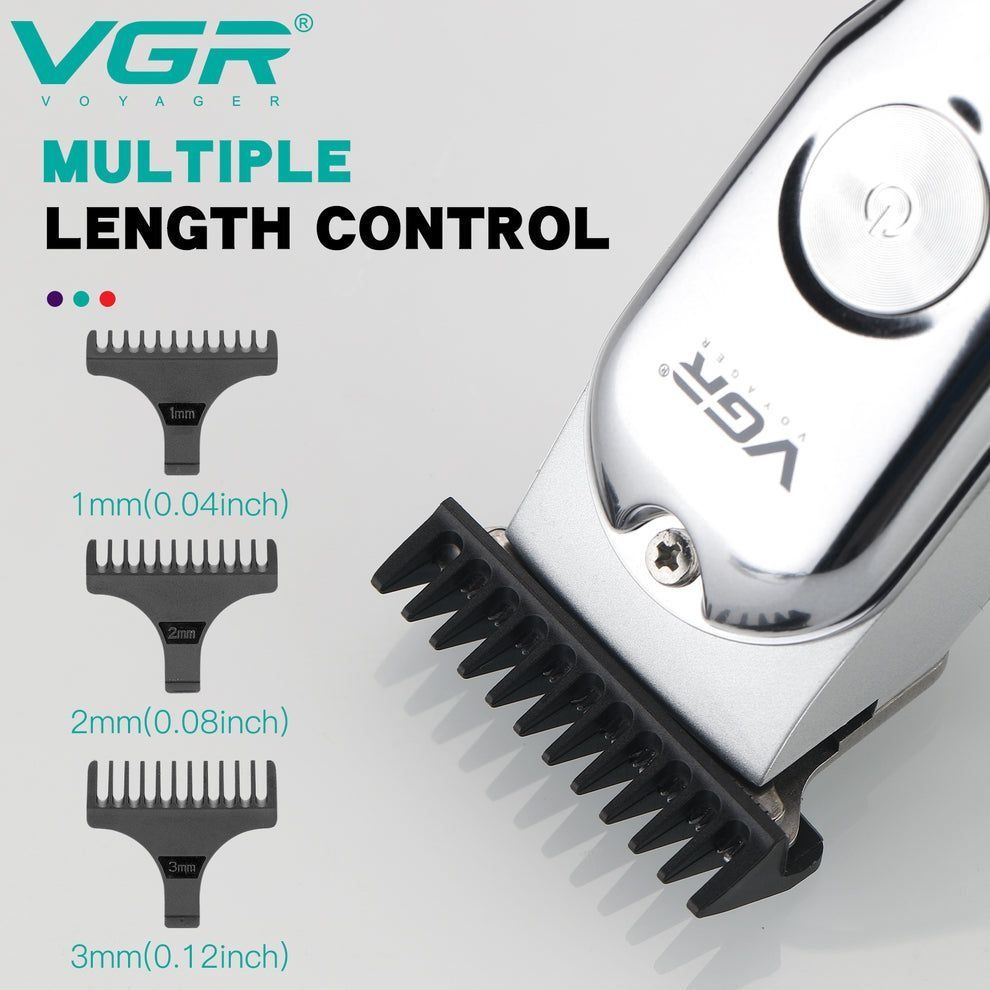 VGR Voyager cordless hair clipper shown with three interchangeable black guide combs and text reading 'MULTIPLE LENGTH CONTROL' on a light gray background.