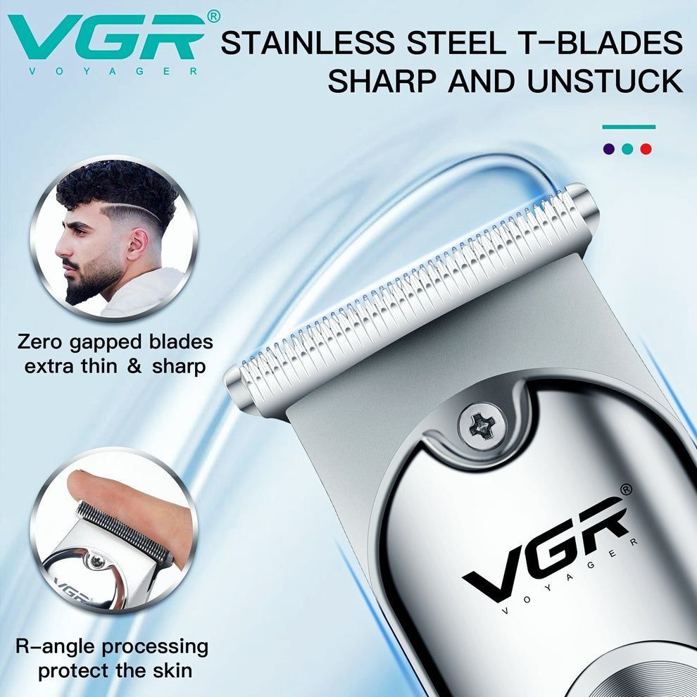 VGR Voyager hair trimmer with features highlighted on a light blue background