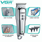 VGR Voyager electric pet nail clippers shown on a white background with four feature callout panels: easy to store, turbo function, lighter and easier to operate, and attach guide combs.