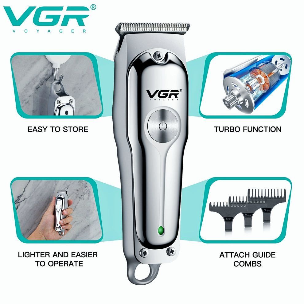 VGR Voyager electric pet nail clippers shown on a white background with four feature callout panels: easy to store, turbo function, lighter and easier to operate, and attach guide combs.